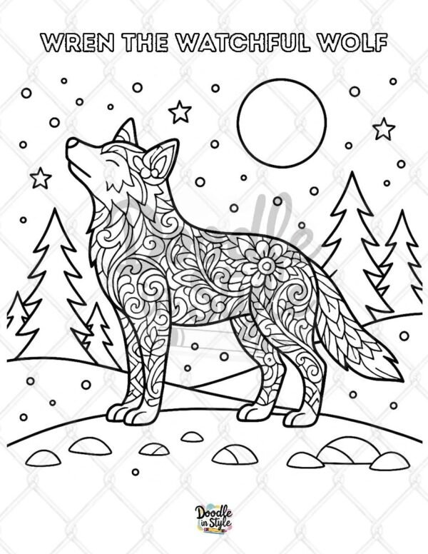 Wren the Watchful Wolf – Moonlit Forest Printable Coloring Page